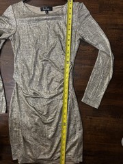 Lulus Silver Metallic Ruched Lined Stretch Boat Neck Long Sleeve Bodycon S