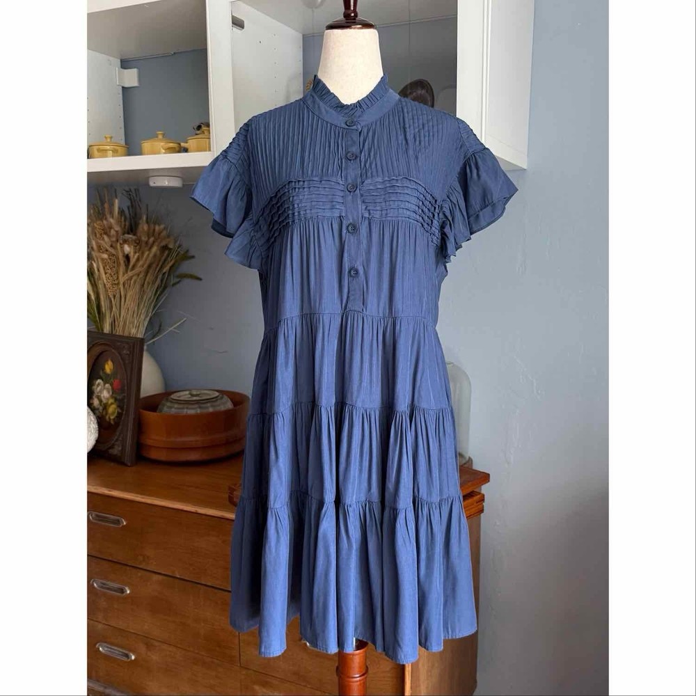 Muche et Muchette Vera Tiered Shift Dress Navy Blue Flowy One Size Boho