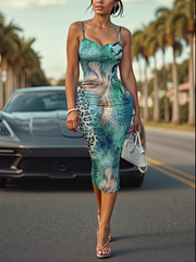 NEW Large. Sexy Intoxicating Abstract Leopard Aqua Green Camisole Midi Dress.