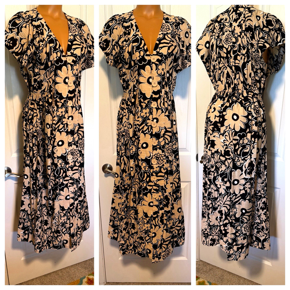 UMGEE ARTSY BOHO BLACK & TAN FLORAL GAUZY CRINKLE BUTTON DOWN DRESS SZ S