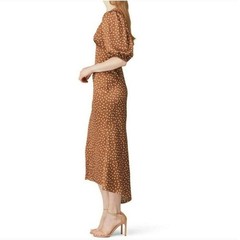 Ronny Kobo Brown White Polka Dot Midi Dress Hi Low Puff Sleeve A-Line XS Party