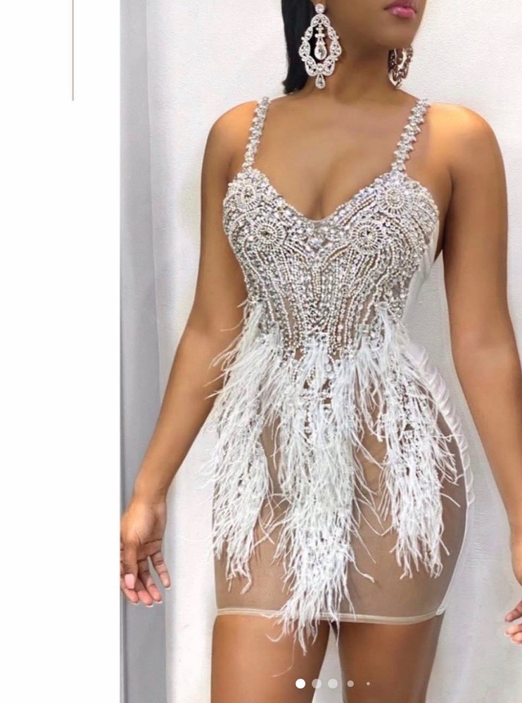 White Silver Beaded Feather Sheer Mini Bodycon Dress Sweetheart Neck Party