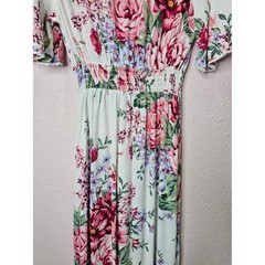Floral Maxi Dress White Green Pink Rose Floral Boho Smocked Waist Medium