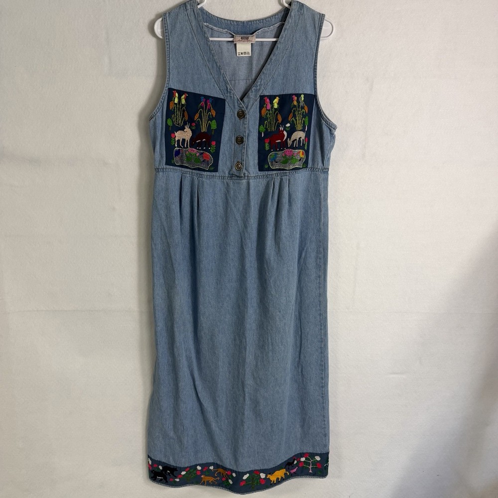 Vintage Denim Maxi Dress Womens L Embroidered Wildlife Animals Folk Teacher 90s
