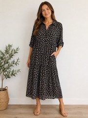 Natural Life Rebecca Midi Dress Size M Black Floral Tiered Boho Shirt Dress