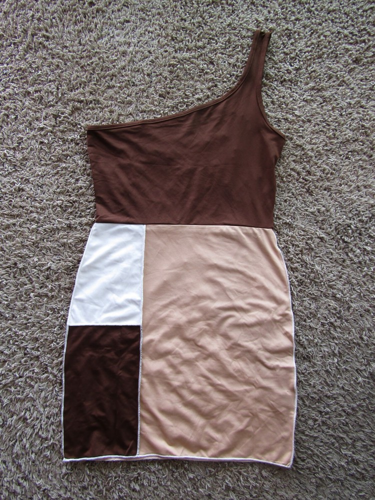 NIB Shein Womens One Shoulder Brown/Beige 100% Polyester Dress Sleeveless Size 4