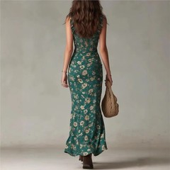 Women Elegant Floral Beach Vacation Streetwear Sexy Low Cut Beach Party Slim Sli