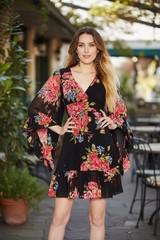 Betsy Johnson Floral Mini Dress Sz 4 Black Pink Babydoll Bell Sleeves Whimsigoth