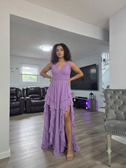 Stunning Purple Gown Elegant Tiered Chiffon with A Bold High Slit