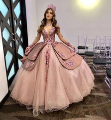 Princess Quinceanera Dresses Flower Appliques Sweet 16 Pageant Prom Ball Gown