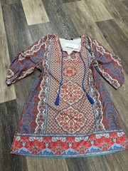Urban Coco L Geometric Tasseled Shift Dress 3/4 Sleeve Red Blue Beige