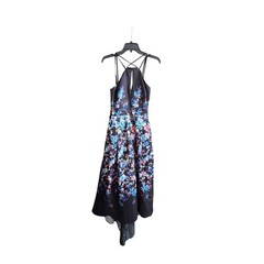 Morgan and Co Floral Printed Halter Dress Lace-Up Back Black Multi Size 3/4