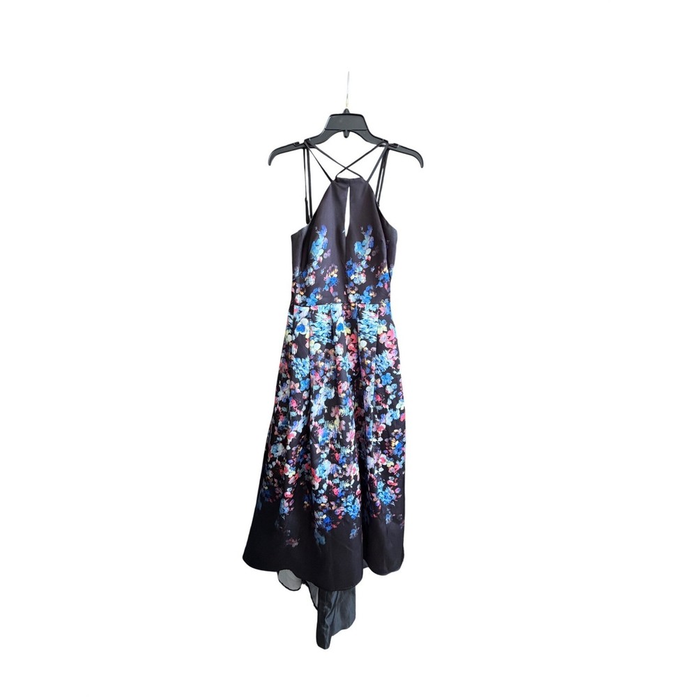 Morgan and Co Floral Printed Halter Dress Lace-Up Back Black Multi Size 3/4