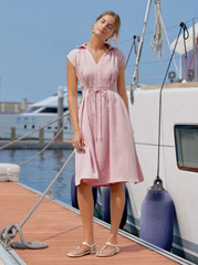 OGL Viscose-Linen Collared V-neck Midi Dress with Drawstring Pick Color/Size NWT