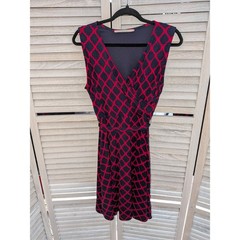Hawthorn Womens XL Faux Wrap Dress Red Navy Blue Trellis Geometric Sleeveless