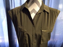 Express Olive Sleeveless Button Front Zip Pockets Belted Lined Short Dress M