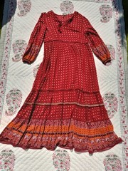 Superdry Maxi Dress Size 16 Dark Red & Orange Embellished Long Sleeve Viscose