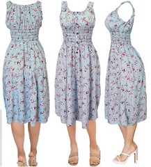 Cotton Floral Swirl Flared Flowy Waist Smocked Knee Length Summer Sun Dress