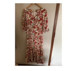 Shein White Red Green Floral Midi Dress S V-Neck 3/4 Sleeve Ruffle Hem Sundress