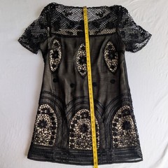 DEFENON Silk Cotton Black Lace Floral Embroidered Short Dress M Cap Sleeve