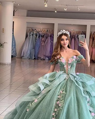 Off Shoulder Sage Green Glitter Tulle 3D Floral Quinceanera Train Ball Gown