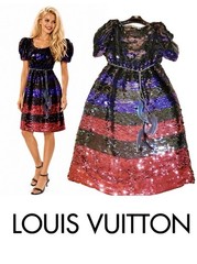11K Louis Vuitton Red Sequin Stripe Party Dress Feather Belt Set 36 38 4 6 S M