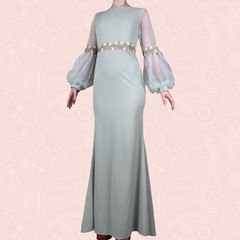 Modern 60s 70s Style Green Floral Embroidered Bodycon Fishtail Maxi Dress XS