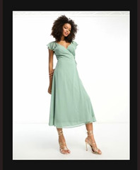 VILA Women’s Wrap Midi Dress Green Solid V-Neck Flutter Sleeve EU 38