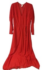 H&M Womens Sz. 12 Semi Sheer Maxi Dress Red V-Neck Long Sleeve Drawstring Waist
