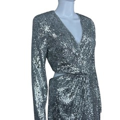 Jonathan Simkhai Sequin Cutout Wrap Mini Dress Size 6 Long Sleeve Silver Party