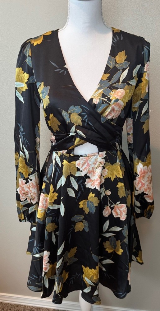 Baltic Born Black Pink Gold Floral Wrap Tie Keyhole Midi Dress S