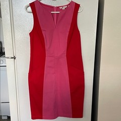Boden Size 8 97% Cotton Red and Pink Colorblock Midi Dress with Pockets