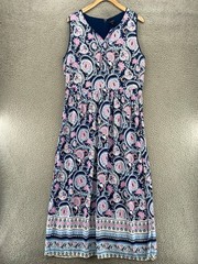 Talbots Dress Womens 14 Navy Multi Paisley Floral Maxi Notched Neck Sleeveless