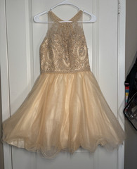 Candys Collection U.S.A. Gold Tulle Fit & Flare Beaded Sequin Dress L