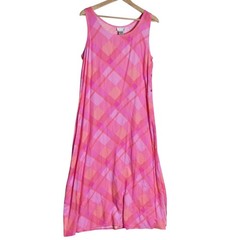 Jennifer Moore Pink Orange Plaid Rayon Maxi Dress Womens Size M Side Button