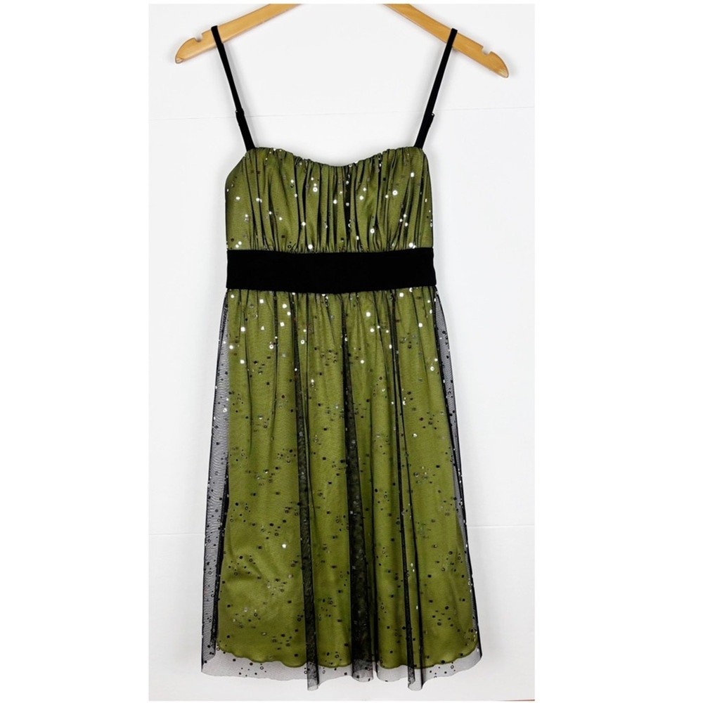 A.Byer Y2K Sequin Tulle Dress Size Medium Pleated Green Black Tie Back