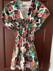 MISA Multicolor Floral Chiffon Rayon Smocked Waist V-Neck Flutter Mini S
