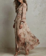 Retro Chiffon Printed Crew-Neck Long-Sleeve Pleated Waist Floral Dress++-