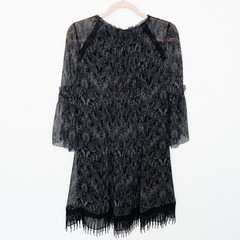 Elie Tahari Gothic Paisley Floral Long Bell Sleeve Silk Fringe Mini Dress 6