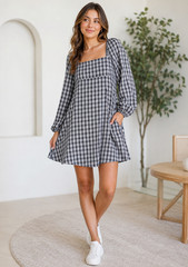 REVEROF Plaid Babydoll Dress With Smocking Back Detail and Pockets NWT