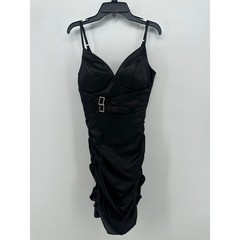 Honey and Rosie Black Satin Ruched Bodycon Mini Dress Rhinestone Buckle Small