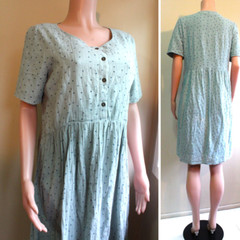 Washed Teal Cotton Market Dress L Knee Length Ditsy Dot SS Button to Waist