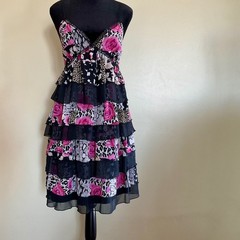 Floral Leopard Patchwork Tiered Ruffle Mini Dress Pink Black Animal Print Lace