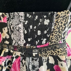 Floral Leopard Patchwork Tiered Ruffle Mini Dress Pink Black Animal Print Lace