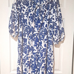 Bloomchic Blue White Floral V-Neck Tie Waist A-Line Midi Dress US 18-20 Plus