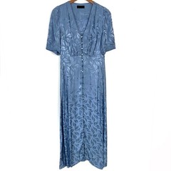 Kei Shirahata Styling Sateen Leaf Print Dusty Blue Button Front Maxi Dress Small