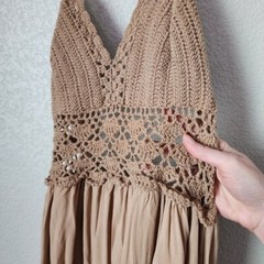 LIL BETTER crochet cottagecore boho resortwear Tan Maxi Dress M