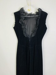 Vintage 70s Old Money Black Tie Velour Velvet Open Back Lace Gown Dress USA 10