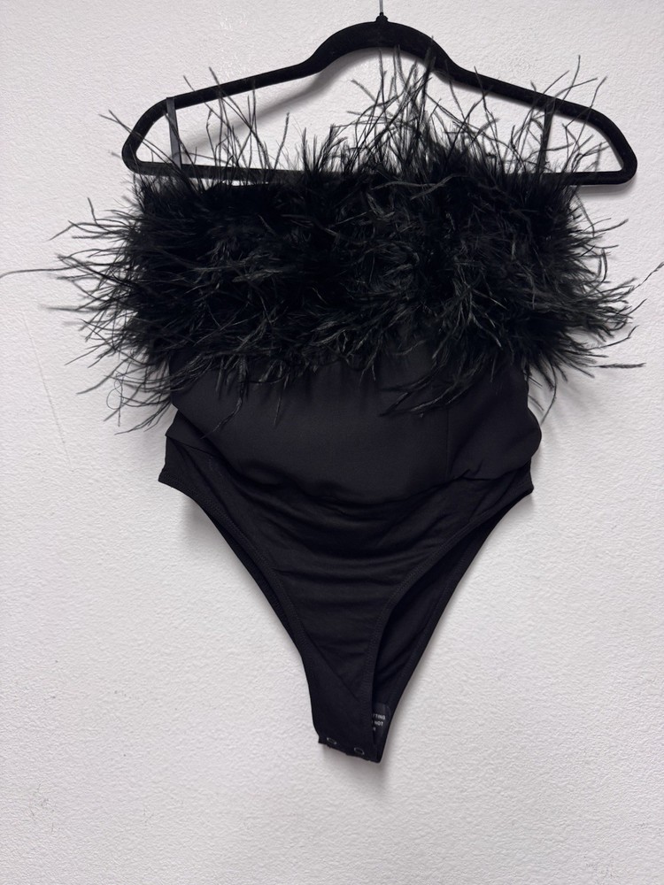Bardot Black Feather Trim Body Suit Size S NWTS
