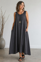 Vtg 90s Oversized Black Rayon Dress Size 16 Lagenlook Sleeveless Minimalist USA
